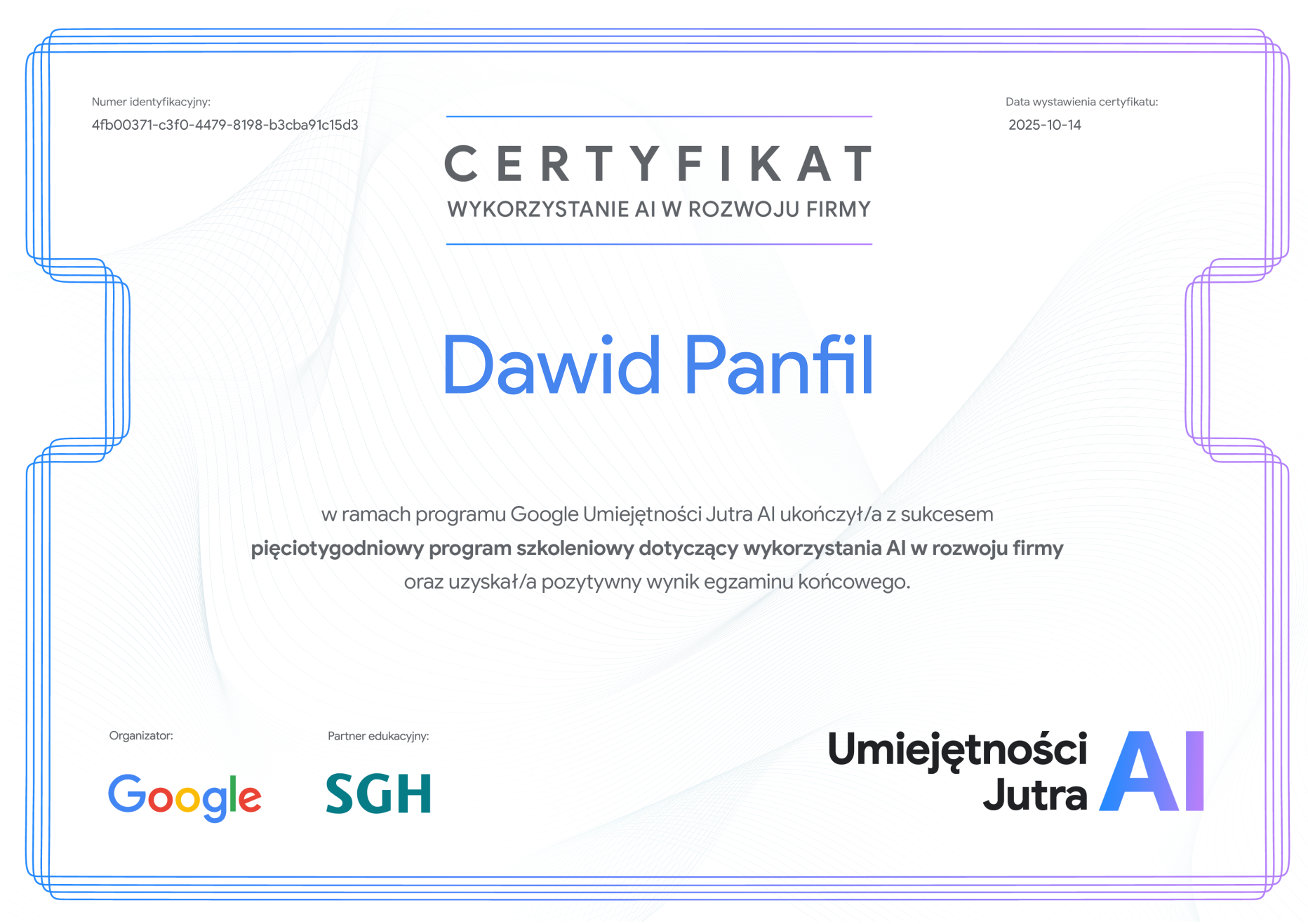 Certyfikat Umiejętności Jutra AI 2.0 - Google i SGH