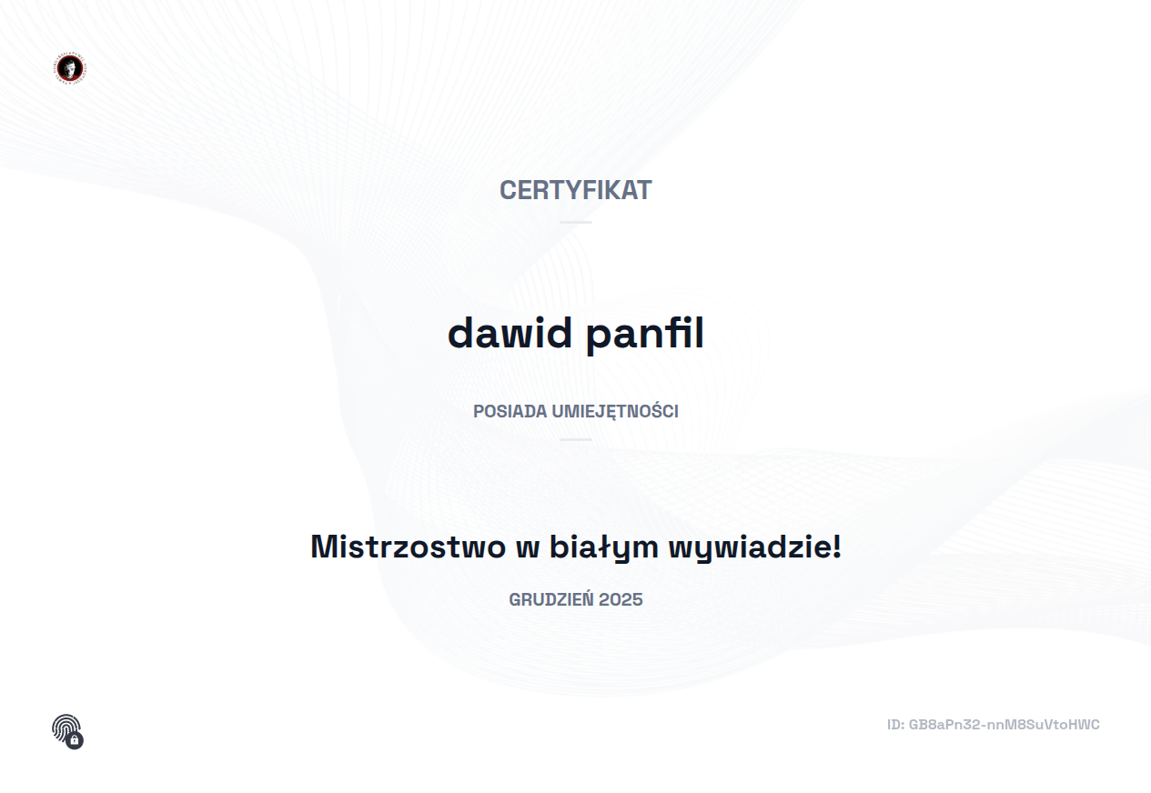 Certyfikat uczestnictwa - Mistrzostwo w Białym Wywiadzie - OSINT