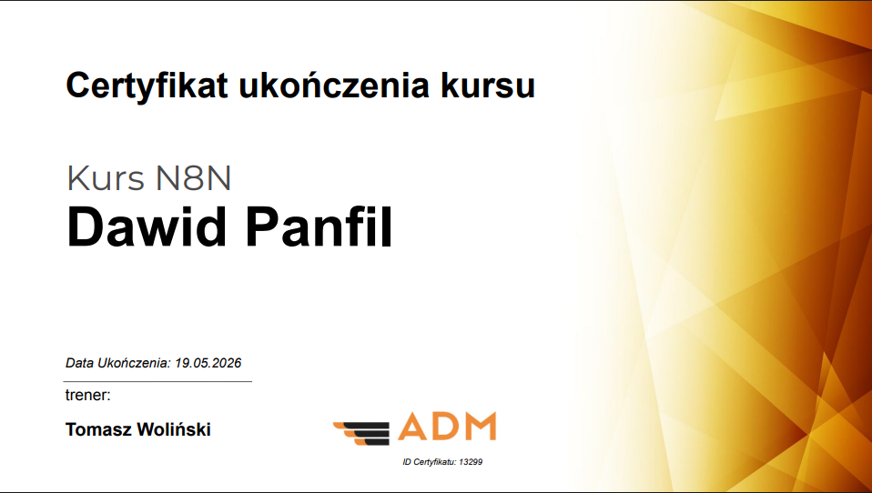 Certyfikat ukończenia kursu N8N - Tomasz Woliński, ADM